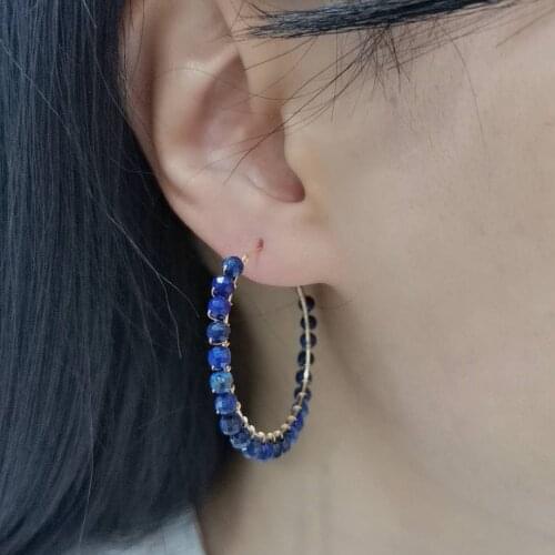 Real Lapis Lazuli Hoops Boho Earrings Faceted Gemstones Statement Jewelry 14K Gold Filled Hand Made Wire Wrap Circle Earrings