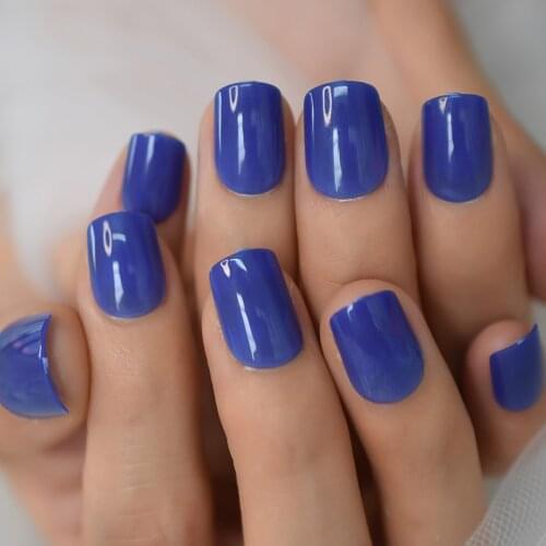 Bule Nails Press On Short Length Solid Color Fake Nails False Acrylic Full Cover Nail Tips Daily Office Makeup Beauty