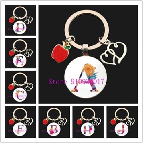 New style pink flower A-Z English letter pattern glass cabochon keychain, handmade DIY pen holder Teachers Day gift keychain