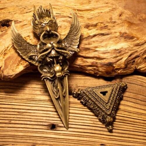 Tibetan Buddhist Ritual Phurba 7'' Golden-winged Peng Bird Tibetan Nepal Vajra Carving Deity Amulet