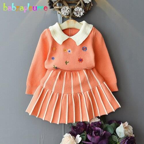 Spring Fall Wear Korean Children Clothing Set Fashion Flowers Warm Baby Girls Tops Knitted Sweater+Skirt Toddler Clothes 1999