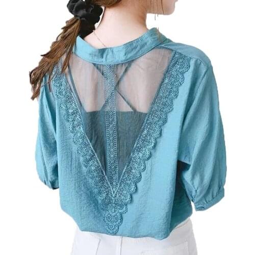 Back Lace Stitching Shirt Womens Short-Sleeved 2021 Summer New V-Neck Loose Cautiously Machine Mesh Sexy Blouse Hollow Femme