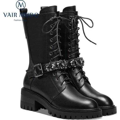 VAIR MUDO Mid-Calf Boots Women Shoes Winter Motorcycle Thick Heel Cow Leather Female Elegant Wool Elegant Footwear 2020 DX162L