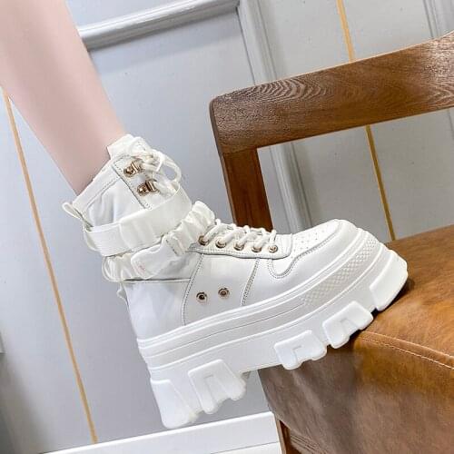 Cm Spring Autumn Thick Platform Lace-up Martin Boots For Women 7cm High Heel Solid Round Toe Cross-tied Leisure Female Shoes