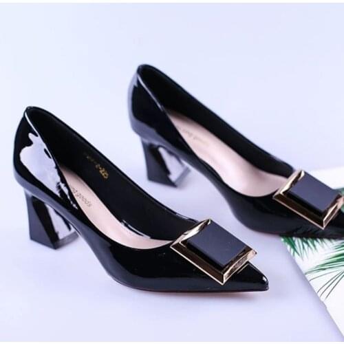 Square Buckle Fashion OL Office Shoes 2021 New Womens Concise Patent Leather Shallow High Heels Shoes Pointed Toe Women Pumps