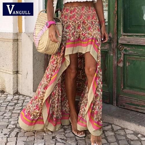 Vangull Boho Floral Print Long Women Skirts 2021 Summer Elastic Band High Waist Ladies Skirt New Fashion Irregular Female Skirts