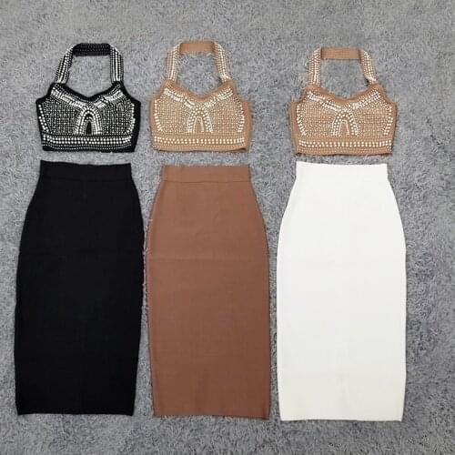Beading Halter Sexy Crop Top and Midi Solid Skirt Women Two Pieces Set Summer 2021 Femme Streetweaar Club Skirt Outfit F2196