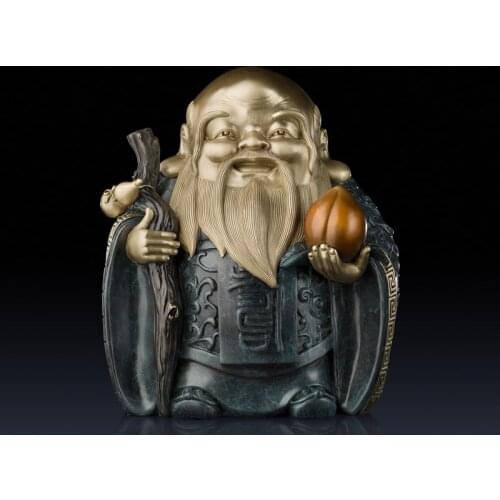 11.4in Chinese Art Deco Pure Brass Painted Lucky Old god of longevity sculpture Decoration Home Furnishings Gift Statue