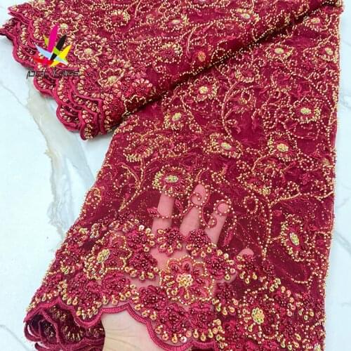 2021 handwork Beads Lace Fabric for Party Dress Latest Design Red Color French Luxury High Quality
