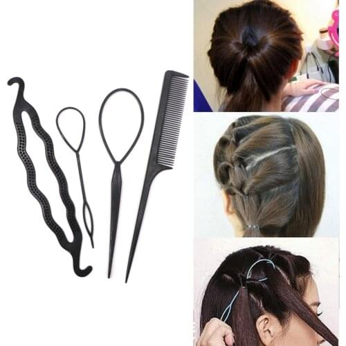 4pcs Hair Twist Styling Tools Set Plastic Hair Comb + Plastic Ponytail Hair Braider Maker Tool Styler Bun Donut Maker