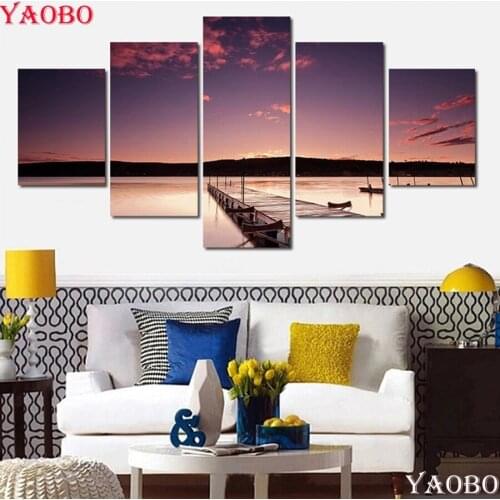 5pcs/set, 5D Diamond Embroidery seaside Sunset landscape Diy Diamond Painting Cross Stitch Full Square Round Mosaic Rhinestones