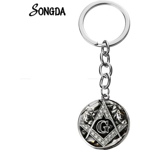 Freemasonry Long Key Chain Square and Compass Freemason Masonic Symbol Glass Dome Key Ring Handmade Charm Souvenir Gifts