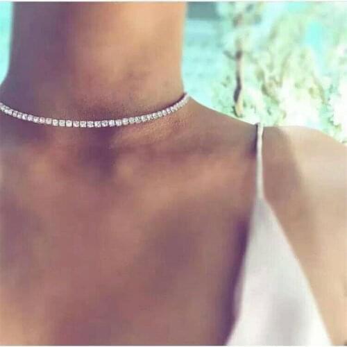1 Row Rhinestone Tennis Chain Choker Necklace for Women Shine Silver Color Clavicle Neck Accessory Wedding Punk Hip Hop Jewelry