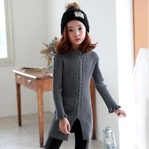 Girls Sweater Dresses Kids 2018 Spring New Dress Teenage Girls Knitted Dress with Long Sleeve Grey Girls Long Sweater 10 12 Year