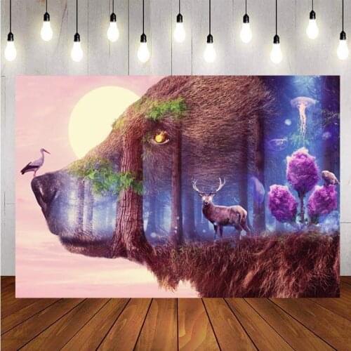 Photography Backdrop Fantasy Forest Animals Deer Bear Nature Digital Art Photo Studio Background Decor Banner Prop