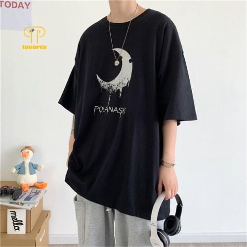 TAVARES Men Short Sleeve INS Loose Moon T-Shirts Summer Casual Tees Slub cotton Tops Oversized Streetwear Harajuku T-Shirt