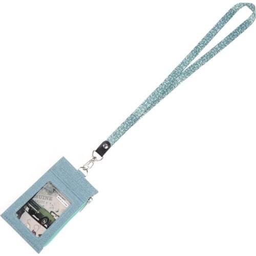 Faux Leather Candy Color ID Badge Holder with Lanyard Hanging Neck Multi Slots ID Card Side Zipper Pocket Wallet Bag