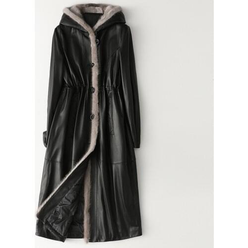 Classic Autumn Winter Leather Mink Collar Hooded Down Jackets Woman Thick Warm Black Real Fur Long Coat High Quality Outwear