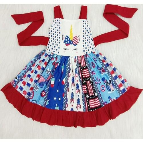 Summer high quality unicorn dress baby girls fashion twirl frocks with belt children dresses elegant july 4th party dresses