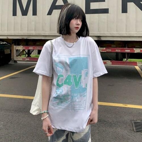 Oversized Couple T-shirt Top Short-sleeved Student Loose Cotton CAV Print Niche Cropped Punk Gothic O-neck Neutral High Street