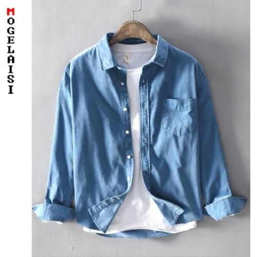 Casual shirt mens Japanese style new slim cotton blue tops shirt solid pocket soft man shirt Asian size M-3XL 516
