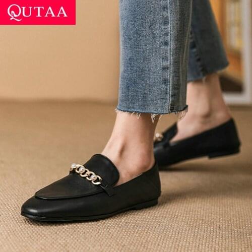 QUTAA 2021 Spring Elegant Round Toe Basic Female Flat Heels High Slip On Quality Genuine Leather Concise Women Shoes Size 34-39