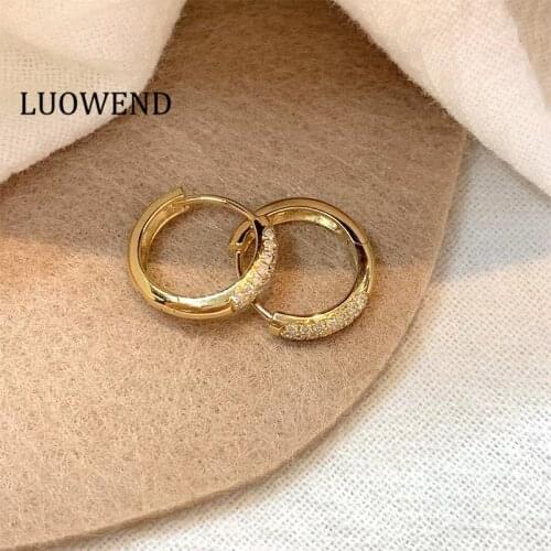 LUOWEND Solid 18K White/Rose/Yellow Gold AU750 Round Hoop Earrings Classic Three Drill Real Natural Diamond Earring for Women