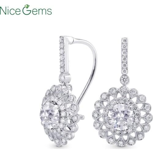NiceGems Solid 14K 585 White Gold Moissanite Filigree Floral Halo Drop Earrings 2.0CTW VVS1 Drop Earrings For women GIFT