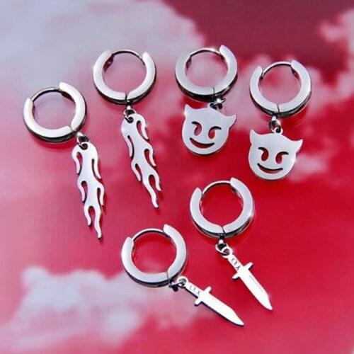 New Ins Hip-hop Punk Crying Smiley Earrings Metal Multi-element Lightning Flame Earrings For Women Men Fashion Jewelry Gift