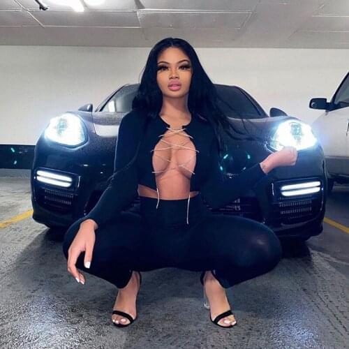 Diamonds Chain Lace Up Crop Tops Summer Long Sleeve Night Club T-shirt Streetwear Cutout Black Cropped Cardigan Ladies Top Tees