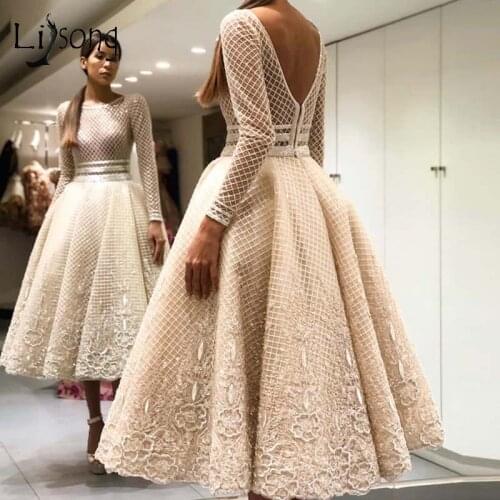 Elegant Bige Color Unique Lace Evening Dresses Full Sleeves V-Back Ankle Length Prom Gowns Robe De Soiree Party Dresses