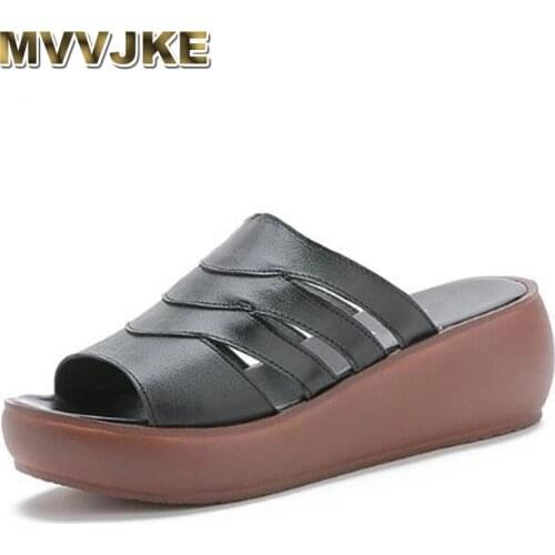 MVVJKE 2021New Summer Genuine Leather Sandals Women Slippers Thick Bottom Wedge Sandals Wear Casual Sandals Slippers Women Shoes
