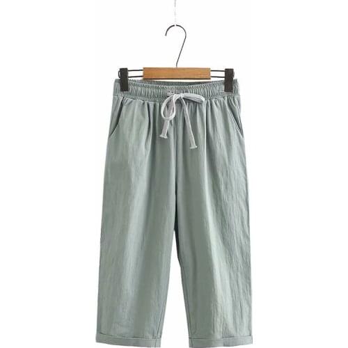 Plus Size XL-4XL Womens Cropped Pants Elastic Waist Cotton Solid Trousers