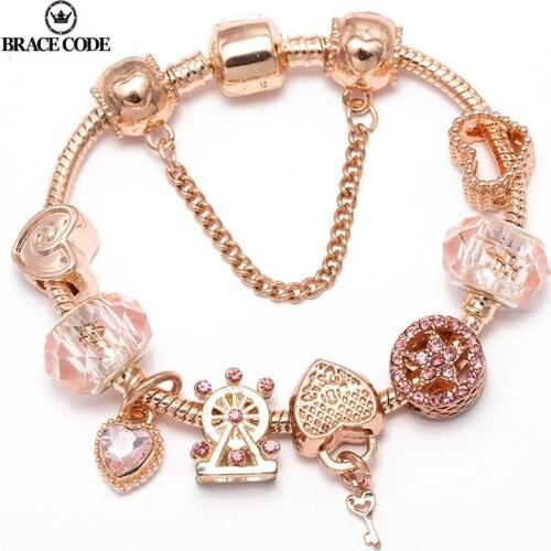 New Rose Gold DIY Charm Bracelet With Love Heart Pendant Beads Brand Bracelets As Women Lover Fashion Jewelry Gifts