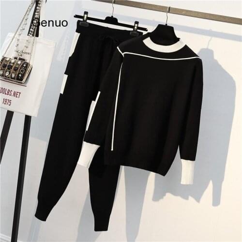 Woman Sweater Suits Knit Casual Tracksuits Crewneck Pullovers+Drawstrings Elastic Pants Two Piece Sets Female Outfits
