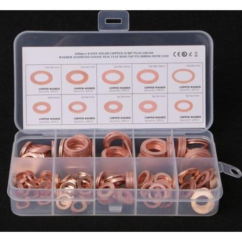 200PCS Copper Washers Gasket Set 9 Sizes Flat Ring Seal Kit With Plastic Box W315