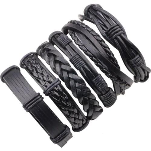 6pcs/set Gypsy Boho Hippie Punk black macrame Leather cord X Wrap Knots Charm multi layers bracelets bangle set Unisex Jewelry