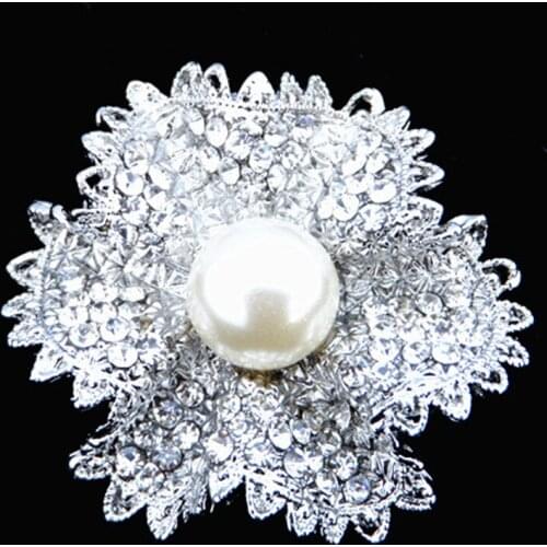 6PCS/LOT Clear Austria Crystal Alloy Flower Brooch With Pearl High Quality!! Vintage Style