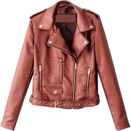 80% HOT SALES！！！Lady Leather Long Sleeve Lapel Zipper Button Pocket Motorcycle Jacket Short Coat