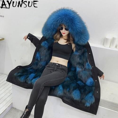 AYUNSUE Parka Real Fur Coat Female Fox Fur Coat Winter Jacket Women Raccoon Fur Collar Warm Long Jacket Plus Size Veste Femme MY