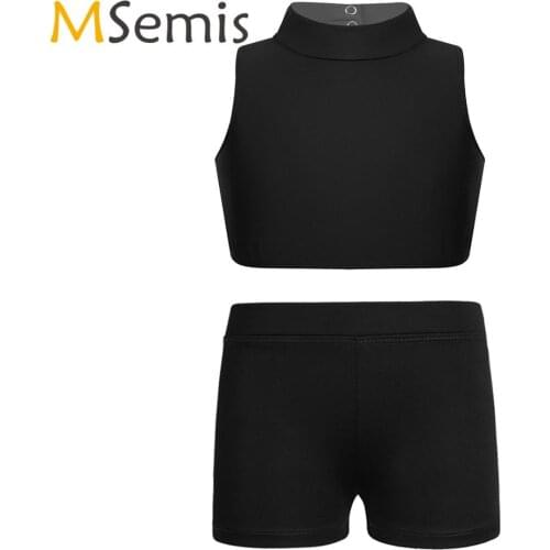 Kids Girls Ballet Leotard Costumes Mock Neck Criss Cross Back Tanks Bra Crop Top with Boy-cut Low Rise Dance Shorts Active Set