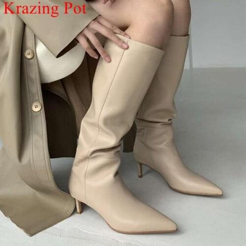 Krazing Pot big size 43 cow leather pleated stretch boots high heels pointed toe party brand warm winter slip on knee-high boots