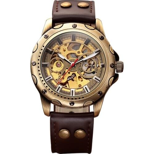 Gorben Black/Brown Leather Strap Automatic Self Wind Men Skeleton Mechanical Watch Steampunk Male Waterproof Wrist Clock