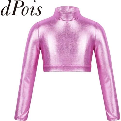 Kids Girls Long Sleeves Mock Neck Glossy Metallic Ballet Dance Tops Crop Top for Dancing Stage Performance Gymnastics Fitness
