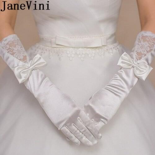 JaneVini Elegant Womens Satin Gloves Bow Lace Bridal Long White Gloves Full Finger Wedding Long Gloves For Brides Accessories