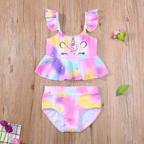Newest Arrival Girls Two Piece Swimsuit Children Unicorn Pattern Ruffle Hem Fly Sleeve Tops Swimming Shorts for Kids