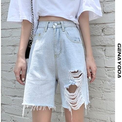 Genayooa Summer Loose Plus Size Shorts For Women Jeans Casual Ripped Biker Shorts High Waist Boyfriend Style Shorts Feminino