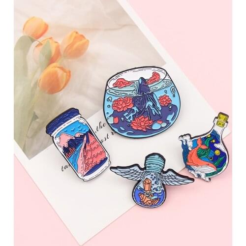 Small world in glass bottle Enamel Brooch sea wave Drifting bottle Light bulb: fish tank mountain whale crystal Lapel Pin badge