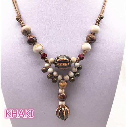 Fashion Ethnic Jewelry Traditional Handmade Ornaments Weave Wax Rope Ceramics Necklace Ceramics Beads Pendant Long Necklace #12
