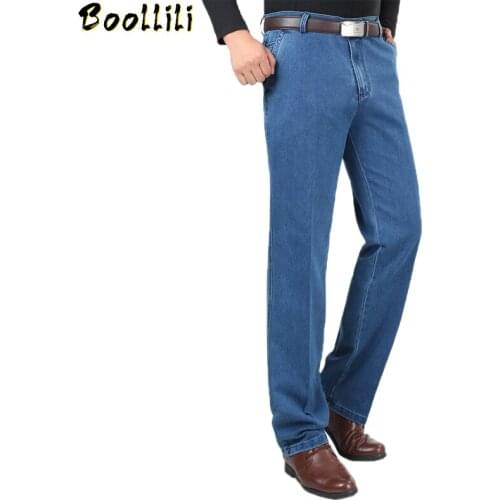 Plus Size 30-40 Men Quality Denim Fabric Jeans Homme High Waist Stretch Straight Solid Pants Male Classic Leisure Trousers